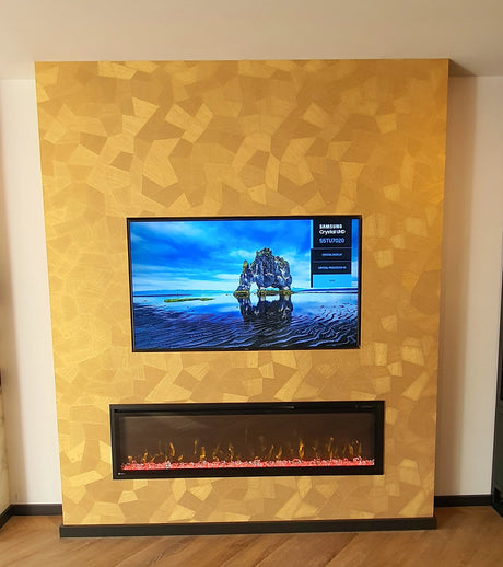 f Cinewall Amsterdam voorzetwand met Arte-behang en geïntegreerde Valerio Diamond haard
